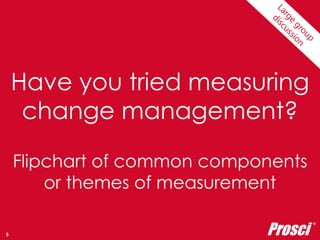 Have you tried measuring 
change management? 
Flipchart of common components 
or themes of measurement 
Copyright Prosci 2014. All rights reserved. 
Prosci ® 
5 
 