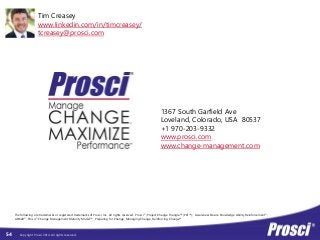 Tim Creasey 
www.linkedin.com/in/timcreasey/ 
tcreasey@prosci.com 
Copyright Prosci 2014. All rights reserved. 
1367 South Garfield Ave 
Loveland, Colorado, USA 80537 
+1 970-203-9332 
www.prosci.com 
www.change-management.com 
54 
The following are trademarks or registered trademarks of Prosci, Inc. All rights reserved. Prosci®; Project Change Triangle™ (PCT™); Awareness Desire Knowledge Ability Reinforcement®; 
ADKAR®; Prosci® Change Management Maturity Model™; Preparing for Change, Managing Change, Reinforcing Change™ 
 
