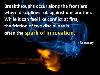 © Prosci. All Rights Reserved. 13
Breakthroughs occur along the frontiers
where disciplines rub against one another.
While it can feel like conflict at first,
the friction of two disciplines is
often the spark of innovation.
Tim Creasey
 