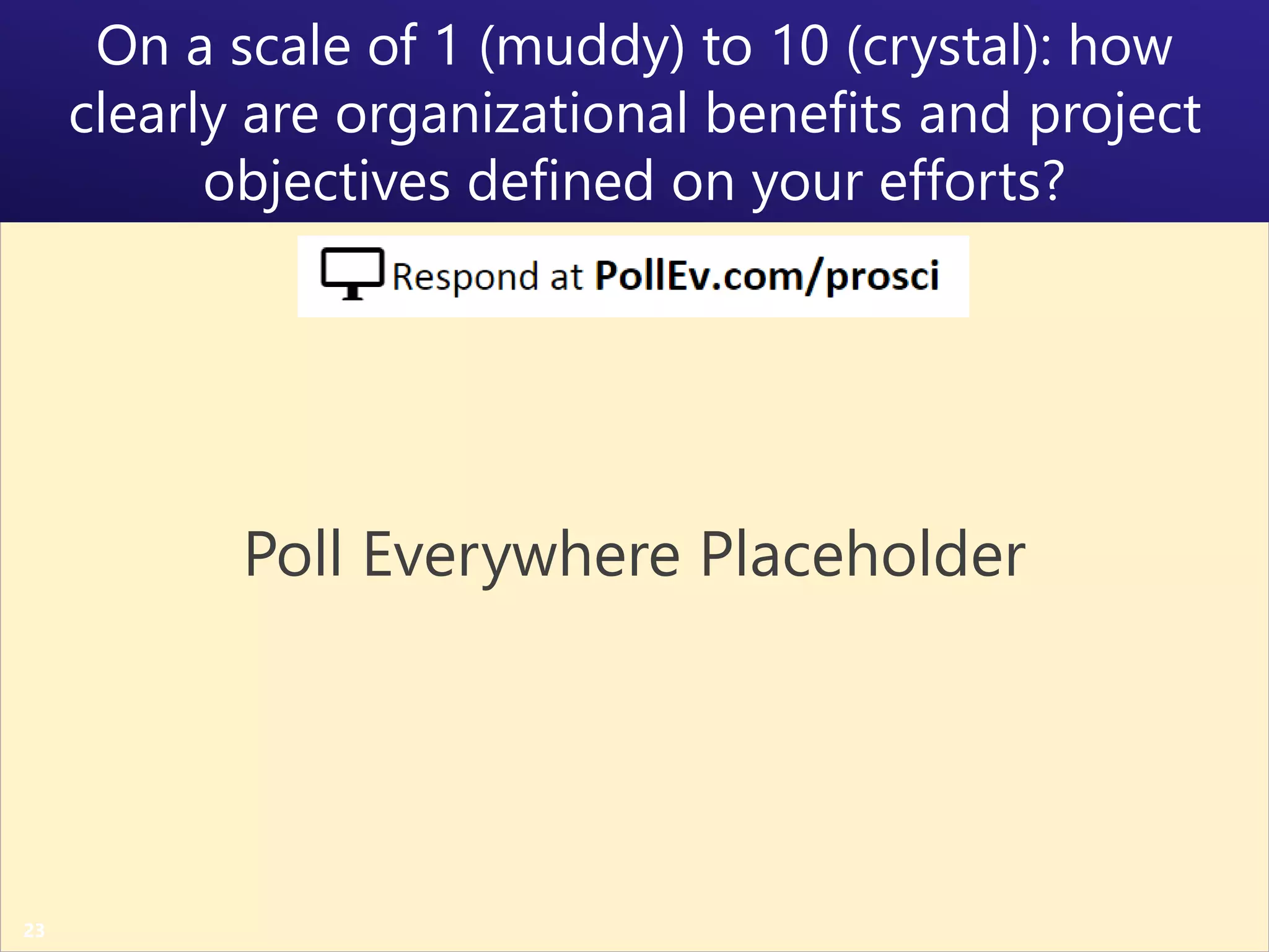 Copyright Prosci 2015. All rights reserved.
Change Management Blueprint
Achieving Results By Catalyzing Individual Change
Why
are we changing?
Who
has to do their
jobs differently?
How
Much
depends on
individual
transitions?
What
can we do to drive and support adoption and usage?
23
 