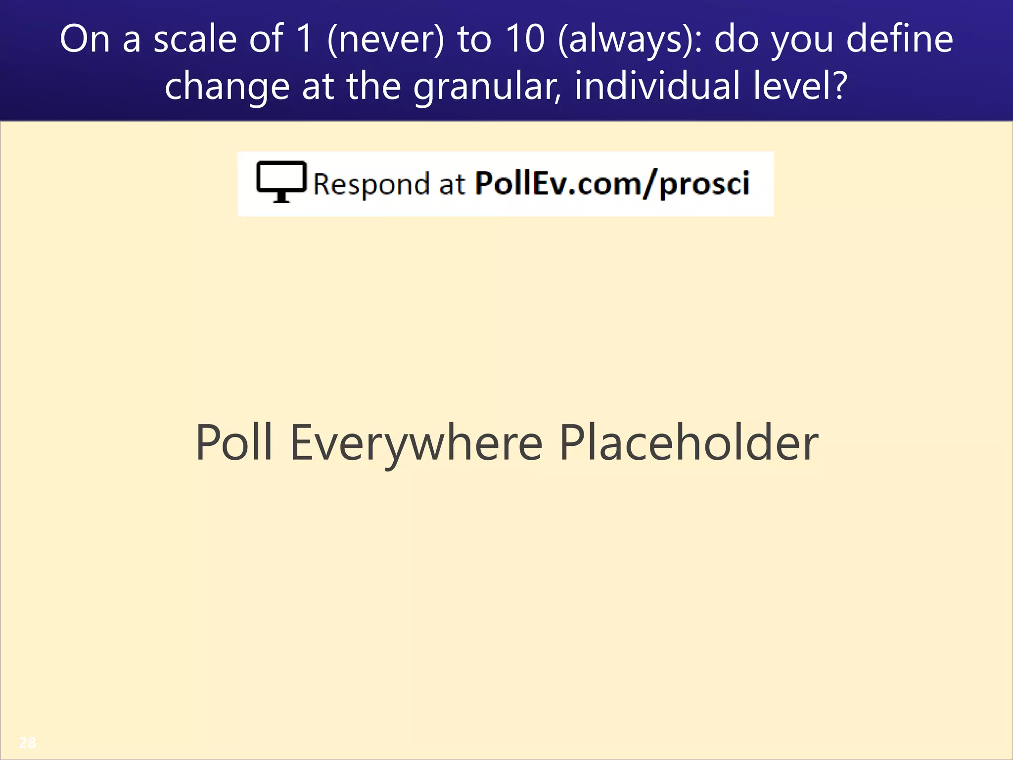 Copyright Prosci 2015. All rights reserved.28
On a scale of 1 (never) to 10 (always):
do you define change at the
granular, individual level?
 