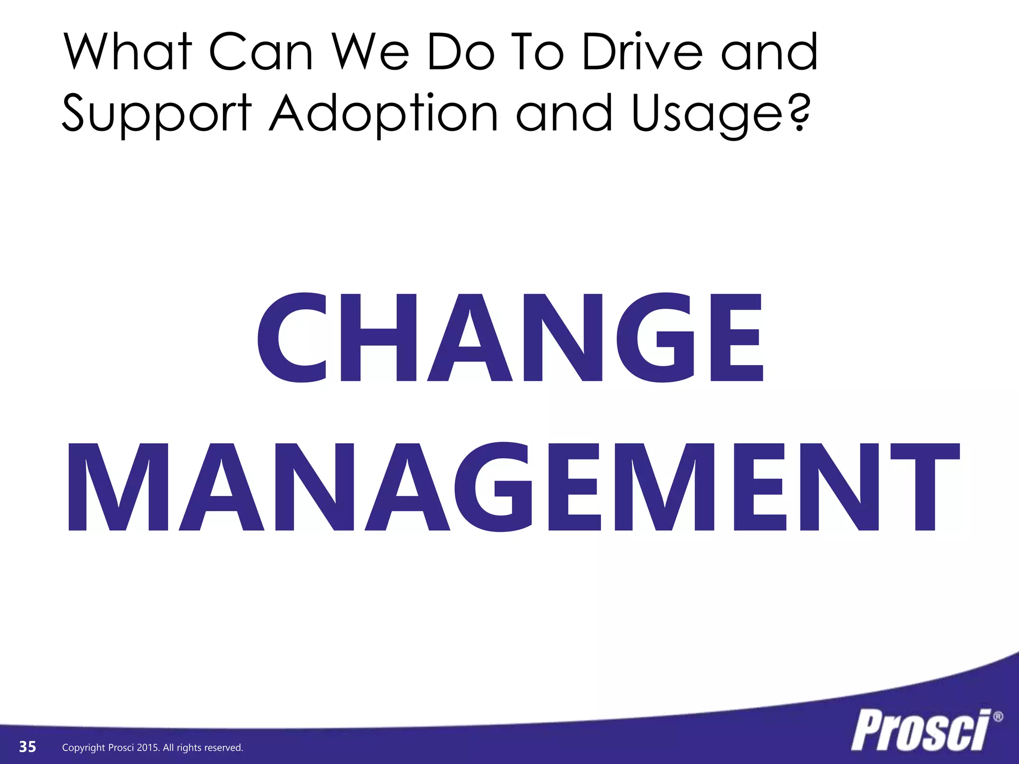 Copyright Prosci 2015. All rights reserved.35
For a project you are working on right now,
estimate the overall percent of expected
results and outcomes that depend on
employee adoption and usage:
 