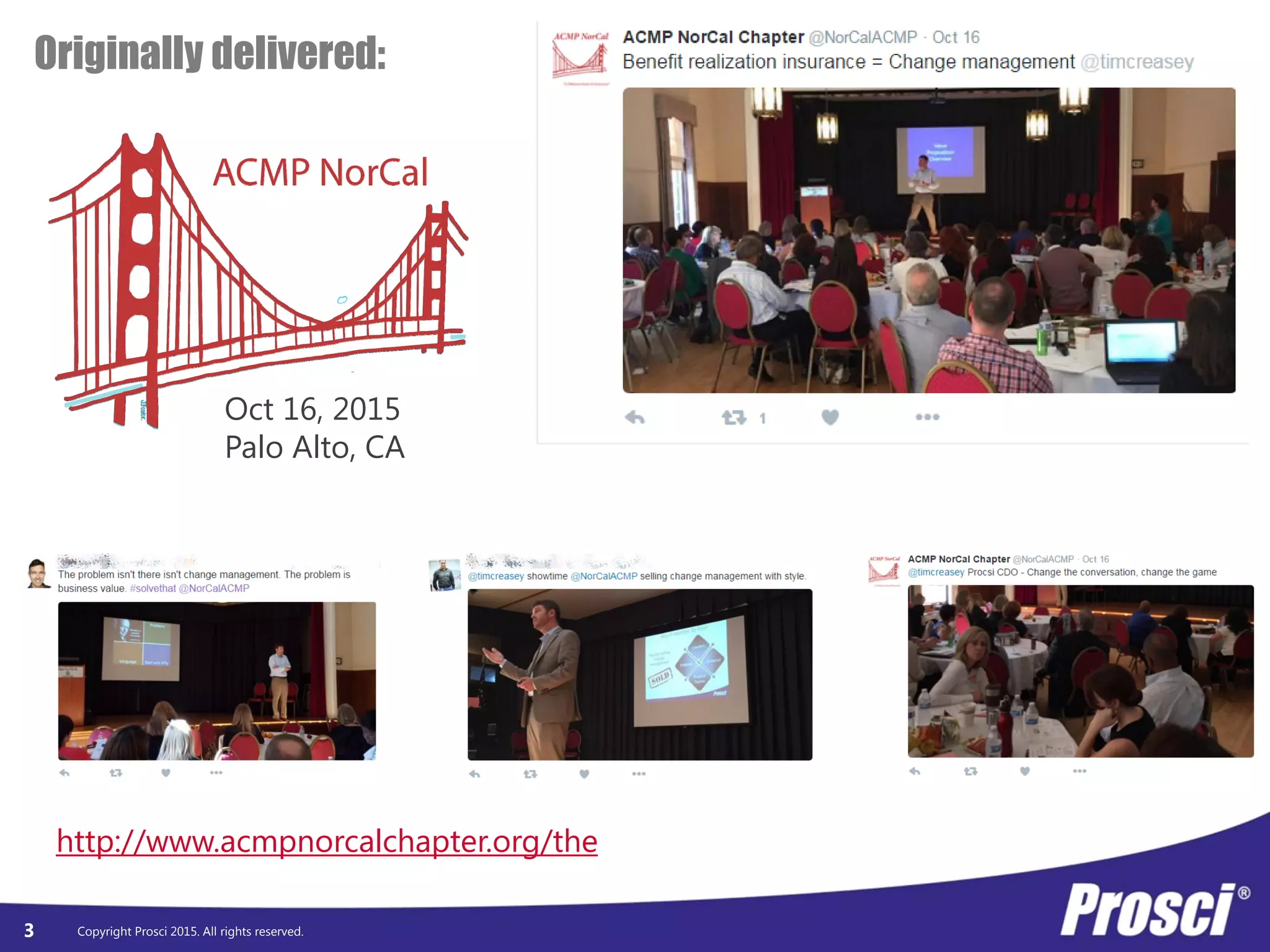 Copyright Prosci 2015. All rights reserved.3
Originally delivered:
Oct 16, 2015
Palo Alto, CA
http://www.acmpnorcalchapter.org/the
 