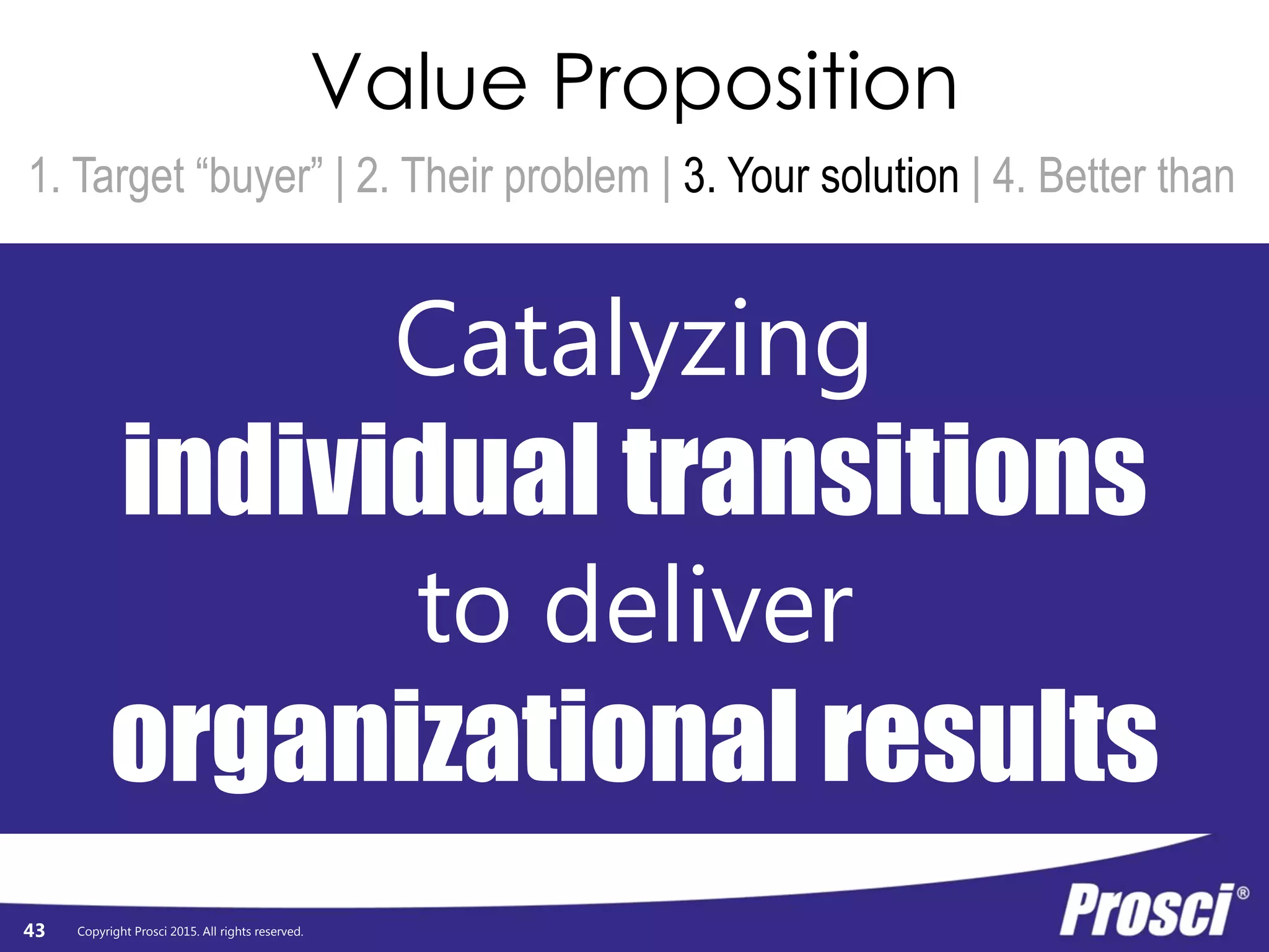 Copyright Prosci 2015. All rights reserved.
Value Proposition
1. Target “buyer” | 2. Their problem | 3. Your solution | 4. Better than
Catalyzing
individual transitions
to deliver
organizational results
43
 
