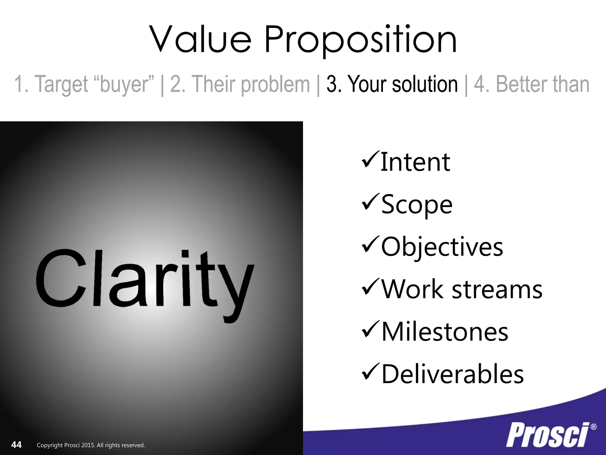 Copyright Prosci 2015. All rights reserved.
Value Proposition
1. Target “buyer” | 2. Their problem | 3. Your solution | 4. Better than
44
Intent
Scope
Objectives
Work streams
Milestones
Deliverables
Copyright Prosci 2015. All rights reserved.
 