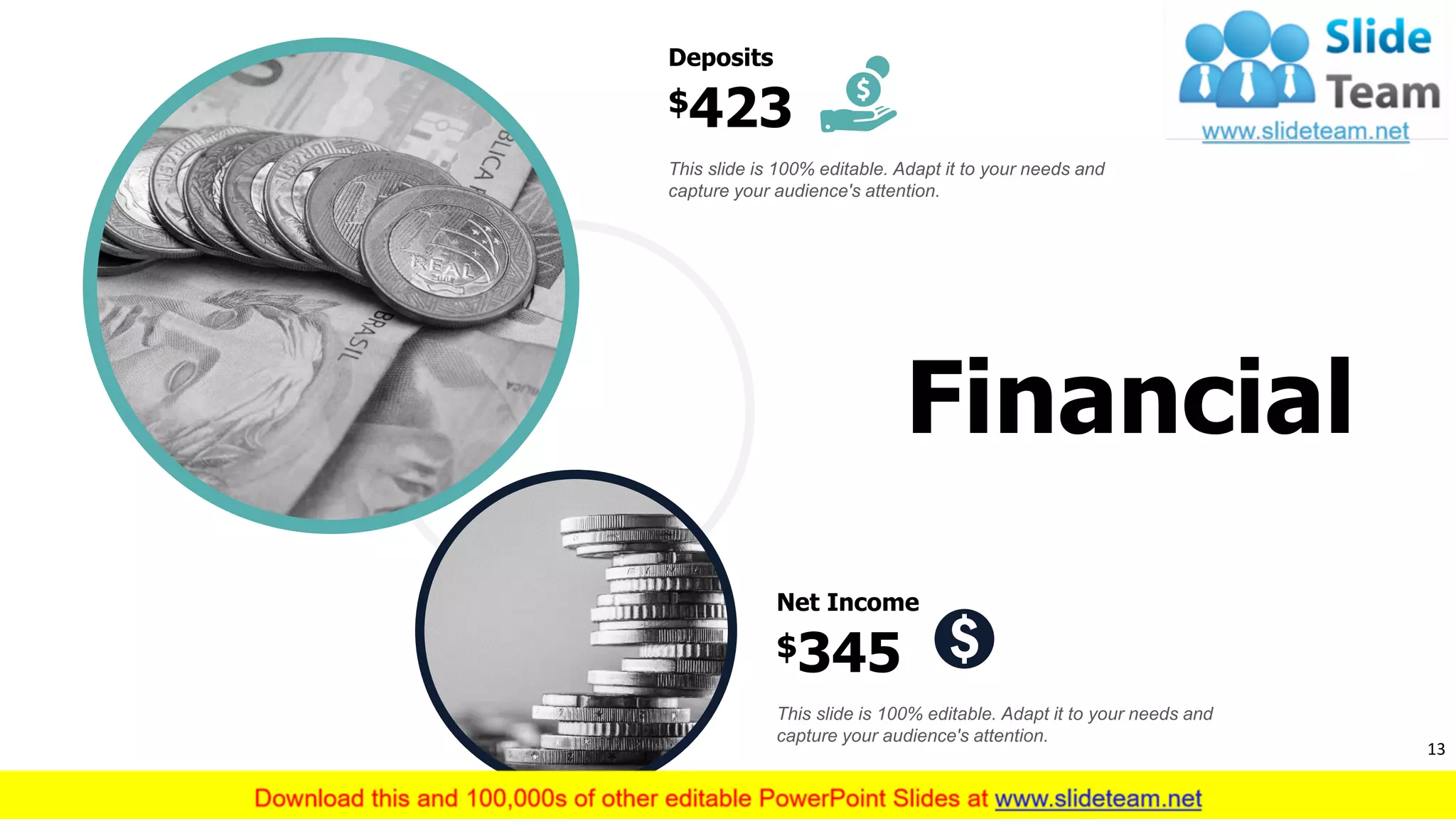 13
Financial
This slide is 100% editable. Adapt it to your needs and
capture your audience's attention.
Deposits
$423
This slide is 100% editable. Adapt it to your needs and
capture your audience's attention.
Net Income
$345
 