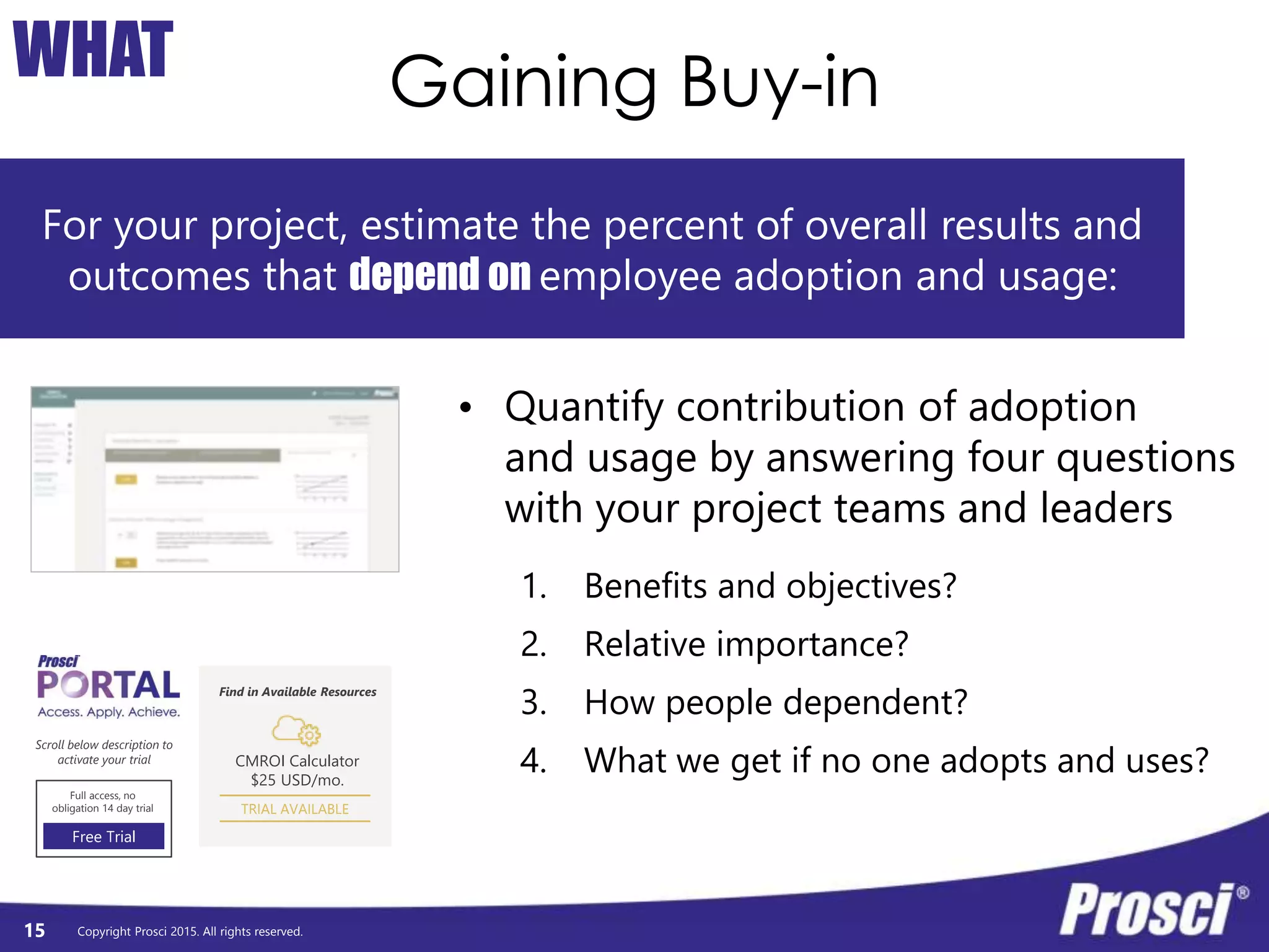 Copyright Prosci 2015. All rights reserved.
Gaining Buy-in
15
WHAT
For your project, estimate the percent of overall results and
outcomes that depend on employee adoption and usage:
CMROI Calculator
$25 USD/mo.
Full access, no
obligation 14 day trial
Free Trial
Find in Available Resources
Scroll below description to
activate your trial
TRIAL AVAILABLE
• Quantify contribution of adoption
and usage by answering four questions
with your project teams and leaders
1. Benefits and objectives?
2. Relative importance?
3. How people dependent?
4. What we get if no one adopts and uses?
 
