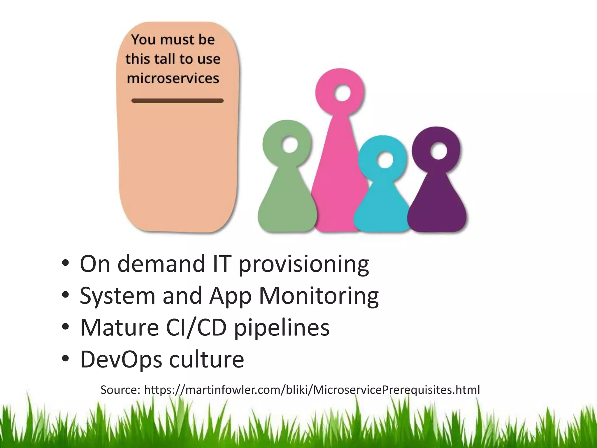 Source: https://martinfowler.com/bliki/MicroservicePrerequisites.html
• On demand IT provisioning
• System and App Monitoring
• Mature CI/CD pipelines
• DevOps culture
 