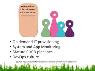 Source: https://martinfowler.com/bliki/MicroservicePrerequisites.html
• On demand IT provisioning
• System and App Monitoring
• Mature CI/CD pipelines
• DevOps culture
 