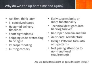 Why do we end up here time and again?
• Act first, think later
• Ill conceived scope
• Hastened delivery
timelines
• Short sightedness
• Shipping code pretending
to be agile
• Improper tooling
• Cutting corners
• Early success bolts on
more functionality
• Technical debt goes into
backlog forever
• Improper domain analysis
• Accidental Architecture
• Design Patterns turn into
anti-patterns
• Not paying attention to
non-functional
requirements
Are we doing things right or doing the right things?
 