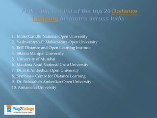 1. Indira Gandhi National Open University
2. Yashwantrao C. Maharashtra Open University
3. IMT Distance and Open Learning Institute
4. Sikkim Manipal University
5. University of Mumbai
6. Maulana Azad National Urdu University
7. Dr. B.R.Ambedkar Open University
8. Symbiosis Centre for Distance Learning
9. Dr. Babasaheb Ambedkar Open University
10. Annamalai University
 