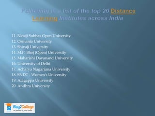 11. Netaji Subhas Open University
12. Osmania University
13. Shivaji University
14. M.P. Bhoj (Open) University
15. Maharishi Dayanand University
16. University of Delhi
17. Acharya Nagarjuna University
18. SNDT - Women's University
19. Alagappa University
20. Andhra University
 