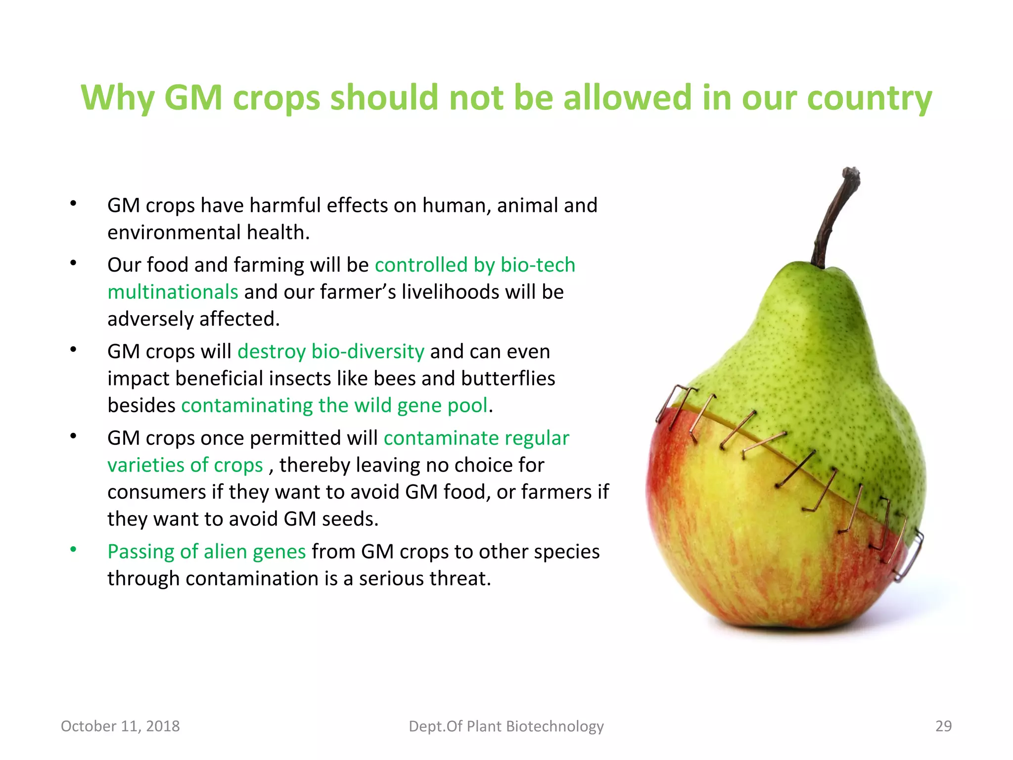 Why GM crops should not be allowed in our country
• GM crops have harmful effects on human, animal and
environmental health.
• Our food and farming will be controlled by bio-tech
multinationals and our farmer’s livelihoods will be
adversely affected.
• GM crops will destroy bio-diversity and can even
impact beneficial insects like bees and butterflies
besides contaminating the wild gene pool.
• GM crops once permitted will contaminate regular
varieties of crops , thereby leaving no choice for
consumers if they want to avoid GM food, or farmers if
they want to avoid GM seeds.
• Passing of alien genes from GM crops to other species
through contamination is a serious threat.
October 11, 2018 Dept.Of Plant Biotechnology 29
 