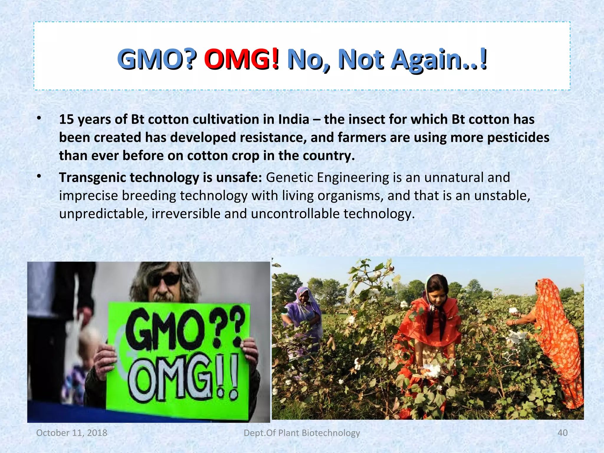 GMO?GMO? OMG!OMG! No, Not Again..!No, Not Again..!
• 15 years of Bt cotton cultivation in India – the insect for which Bt cotton has
been created has developed resistance, and farmers are using more pesticides
than ever before on cotton crop in the country.
• Transgenic technology is unsafe: Genetic Engineering is an unnatural and
imprecise breeding technology with living organisms, and that is an unstable,
unpredictable, irreversible and uncontrollable technology.
October 11, 2018 40Dept.Of Plant Biotechnology
 