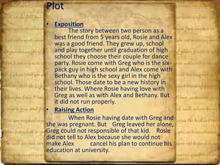 Plot
• Exposition
The story between two person as a
best friend from 5 years old, Rosie and Alex
was a good friend. They grew up, school
and play together until graduation of high
school they choose their couple for dance
party. Rosie come with Greg who is the six-
pack guy in high school and Alex come with
Bethany who is the sexy girl in the high
school. Those date to be a new history in
their lives. Where Rosie having love with
Greg as well as with Alex and Bethany. But
it did not run properly.
• Raising Action
When Rosie having date with Greg and
she was pregnant. But Greg leaved her alone,
Greg could not responsible of that kid. Rosie
did not tell to Alex because she would not
make Alex cancel his plan to continue his
education at university.
 