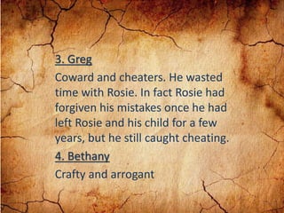 3. Greg
Coward and cheaters. He wasted
time with Rosie. In fact Rosie had
forgiven his mistakes once he had
left Rosie and his child for a few
years, but he still caught cheating.
4. Bethany
Crafty and arrogant
 