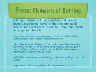 Prose: Elements of Setting
Setting: the historical time and place, and the social
circumstances in the “world” of the literature; rarely
isolated; can affect structure, symbol, irony, tone, mood,
archetype and character

geographic location-topography, scenery, room layout/furniture,
buildings, stage set or design; physical dimensions

cultural backdrop/social context/time period-occupations/working
conditions, way of life, way of talking and behaving, clothing, gender
roles, traditions, habits, attitudes, customs, beliefs, values, speech
patterns, laws, past present and future

artificial environment-rooms, buildings, cities, towns, villages, futuristic
settings

props-tools, implements, gadgets, clothing/costumes, furniture
 