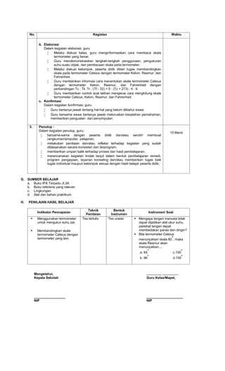 No.                                       Kegiatan                                                      Waktu


            b. Elaborasi
               Dalam kegiatan elaborasi, guru:
                    Melalui diskusi kelas, guru menginformasikan cara membaca skala
                     termometer yang benar.
                    Guru mendemonstrasikan langkah-langkah penggunaan, pengukuran
                     suhu suatu objek, dan pembacaan skala pada termometer.
                    Melalui diskusi kelompok, peserta didik diberi tugas membandingkan
                     skala pada termometer Celsius dengan termometer Kelvin, Reamur, dan
                     Fahrenheit.
                    Guru memberikan informasi cara menentukan skala termometer Celsius
                     dengan termometer Kelvin, Reamur, dan Fahrenheit dengan
                     perbandingan Tc : Tk :Tr : (Tf - 32) = 5 : (Tc + 273) : 4 : 9.
                    Guru memberikan contoh soal latihan mengenai cara menghitung skala
                     termometer Celsius, Kelvin, Reamur, dan Fahrenheit.
            c. Konfirmasi
               Dalam kegiatan konfirmasi, guru:
                  Guru bertanya jawab tentang hal-hal yang belum diktahui siswa
                  Guru bersama siswa bertanya jawab meluruskan kesalahan pemahaman,
                   memberikan penguatan dan penyimpulan.

     3.     Penutup :
            Dalam kegiatan penutup, guru:
                                                                                                           15 Menit
                bersama-sama dengan peserta didik dan/atau sendiri membuat
                 rangkuman/simpulan pelajaran;
                melakukan penilaian dan/atau refleksi terhadap kegiatan yang sudah
                 dilaksanakan secara konsisten dan terprogram;
                memberikan umpan balik terhadap proses dan hasil pembelajaran;
                merencanakan kegiatan tindak lanjut dalam bentuk pembelajaran remedi,
                 program pengayaan, layanan konseling dan/atau memberikan tugas baik
                 tugas individual maupun kelompok sesuai dengan hasil belajar peserta didik;



G. SUMBER BELAJAR
   a. Buku IPA Terpadu Jl.3A
   b. Buku referensi yang relevan
   c. Lingkungan
   d. Alat dan bahan praktikum

H.   PENILAIAN HASIL BELAJAR

                                           Teknik            Bentuk
           Indikator Pencapaian                                                       Instrumen/ Soal
                                          Penilaian        Instrumen
          Menggunakan termometer       Tes tertulis      Tes uraian       Mengapa tangan manusia tidak
           untuk mengukur suhu zat.                                         dapat dijadikan alat ukur suhu,
                                                                            padahal tangan dapat
          Membandingkan skala                                              membedakan panas dan dingin?
           termometer Celsius dengan                                       Bila termometer Celsius
                                                                                                             0
           termometer yang lain.                                             menunjukkan skala 80 , maka
                                                                             skala Reamur akan
                                                                             menunjukkan....
                                                                                      o                                 o
                                                                              a. 64                           c.100
                                                                                      o                                 o
                                                                              b. 96                           d.150



          Mengetahui,                                                             ..............., ..................
          Kepala Sekolah                                                          Guru Kelas/Mapel,




          _________________                                                       ____________________
          NIP                                                                     NIP
 
