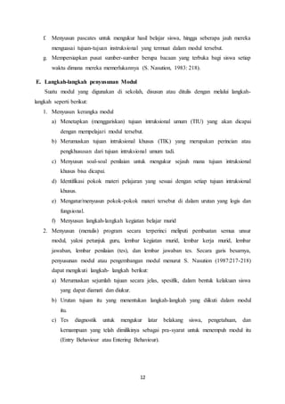 12
f. Menyusun pascates untuk mengukur hasil belajar siswa, hingga seberapa jauh mereka
menguasai tujuan-tujuan instruksional yang termuat dalam modul tersebut.
g. Mempersiapkan pusat sumber-sumber berupa bacaan yang terbuka bagi siswa setiap
waktu dimana mereka memerlukannya (S. Nasution, 1983: 218).
E. Langkah-langkah penyusunan Modul
Suatu modul yang digunakan di sekolah, disusun atau ditulis dengan melalui langkah-
langkah seperti berikut:
1. Menyusun kerangka modul
a) Menetapkan (menggariskan) tujuan intruksional umum (TIU) yang akan dicapai
dengan mempelajari modul tersebut.
b) Merumuskan tujuan intruksional khusus (TIK) yang merupakan perincian atau
pengkhususan dari tujuan intruksional umum tadi.
c) Menyusun soal-soal penilaian untuk mengukur sejauh mana tujuan intruksional
khusus bisa dicapai.
d) Identifikasi pokok materi pelajaran yang sesuai dengan setiap tujuan intruksional
khusus.
e) Mengatur/menyusun pokok-pokok materi tersebut di dalam urutan yang logis dan
fungsional.
f) Menyusun langkah-langkah kegiatan belajar murid
2. Menyusun (menulis) program secara terperinci meliputi pembuatan semua unsur
modul, yakni petunjuk guru, lembar kegiatan murid, lembar kerja murid, lembar
jawaban, lembar penilaian (tes), dan lembar jawaban tes. Secara garis besarnya,
penyusunan modul atau pengembangan modul menurut S. Nasution (1987:217-218)
dapat mengikuti langkah- langkah berikut:
a) Merumuskan sejumlah tujuan secara jelas, spesifik, dalam bentuk kelakuan siswa
yang dapat diamati dan diukur.
b) Urutan tujuan itu yang menentukan langkah-langkah yang diikuti dalam modul
itu.
c) Tes diagnostik untuk mengukur latar belakang siswa, pengetahuan, dan
kemampuan yang telah dimilikinya sebagai pra-syarat untuk menempuh modul itu
(Entry Behaviour atau Entering Behaviour).
 