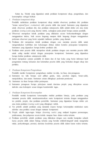 Selain itu, Teknik yang digunakan untuk penilaian kompetensi sikap, pengetahuan, dan
keterampilan sebagai berikut:
1. Penilaian kompetensi sikap
Pendidik melakukan penilaian kompetensi sikap melalui observasi, penilaian diri, penilaian
“teman sejawat”(peer evaluation) oleh peserta didik dan jurnal. Instrumen yang digunakan
untuk observasi, penilaian diri, dan penilaian antarpeserta didik adalah daftar cek atau skala
penilaian (rating scale) yang disertai rubrik, sedangkan pada jurnal berupa catatan pendidik.
a) Observasi merupakan teknik penilaian yang dilakukan secara berkesinambungan dengan
menggunakan indera, baik secara langsung maupun tidak langsung dengan menggunakan
pedoman observasi yang berisi sejumlah indikator perilaku yang diamati.
b) Penilaian diri merupakan teknik penilaian dengan cara meminta peserta didik untuk
mengemukakan kelebihan dan kekurangan dirinya dalam konteks pencapaian kompetensi.
Instrumen yang digunakan berupa lembar penilaian diri.
c) Penilaian antar peserta didik merupakan teknik penilaian dengan cara meminta peserta didik
untuk saling menilai terkait dengan pencapaian kompetensi. Instrumen yang digunakan
berupa lembar penilaian antarpeserta didik.
d) Jurnal merupakan catatan pendidik di dalam dan di luar kelas yang berisi informasi hasil
pengamatan tentang kekuatan dan kelemahan peserta didik yang berkaitan dengan sikap dan
perilaku.
2. Penilaian Kompetensi Pengetahuan
Pendidik menilai kompetensi pengetahuan melalui tes tulis, tes lisan, dan penugasan.
a) Instrumen tes tulis berupa soal pilihan ganda, isian, jawaban singkat, benar-salah,
menjodohkan, dan uraian. Instrumen uraian dilengkapi pedoman penskoran.
b) Instrumen tes lisan berupa daftar pertanyaan.
c) Instrumen penugasan berupa pekerjaan rumah dan/atau projek yang dikerjakan secara
individu atau kelompok sesuai dengan karakteristik tugas.
3. Penilaian Kompetensi Keterampilan
Pendidik menilai kompetensi keterampilan melalui penilaian kinerja, yaitu penilaian yang
menuntut peserta didik mendemonstrasikan suatu kompetensi tertentu dengan menggunakan
tes praktik, projek, dan penilaian portofolio. Instrumen yang digunakan berupa daftar cek
atau skala penilaian (rating scale) yang dilengkapi rubrik.
a) Tes praktik adalah penilaian yang menuntut respon berupa keterampilan melakukan suatu
aktivitas atau perilaku sesuai dengan tuntutan kompetensi.
b) Projek adalah tugas-tugas belajar (learning tasks) yang meliputi kegiatan perancangan,
pelaksanaan, dan pelaporan secara tertulis maupun lisan dalam waktu tertentu.
c) Penilaian portofolio adalah penilaian yang dilakukan dengan cara menilai kumpulan seluruh
karya peserta didik dalam bidang tertentu yang bersifat reflektif-integratif untuk mengetahui
minat, perkembangan, prestasi, dan/atau kreativitas peserta didik dalam kurun waktu tertentu.
 