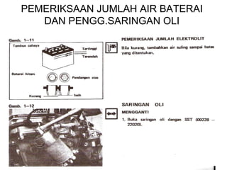 PEMERIKSAAN JUMLAH AIR BATERAI
   DAN PENGG.SARINGAN OLI
 