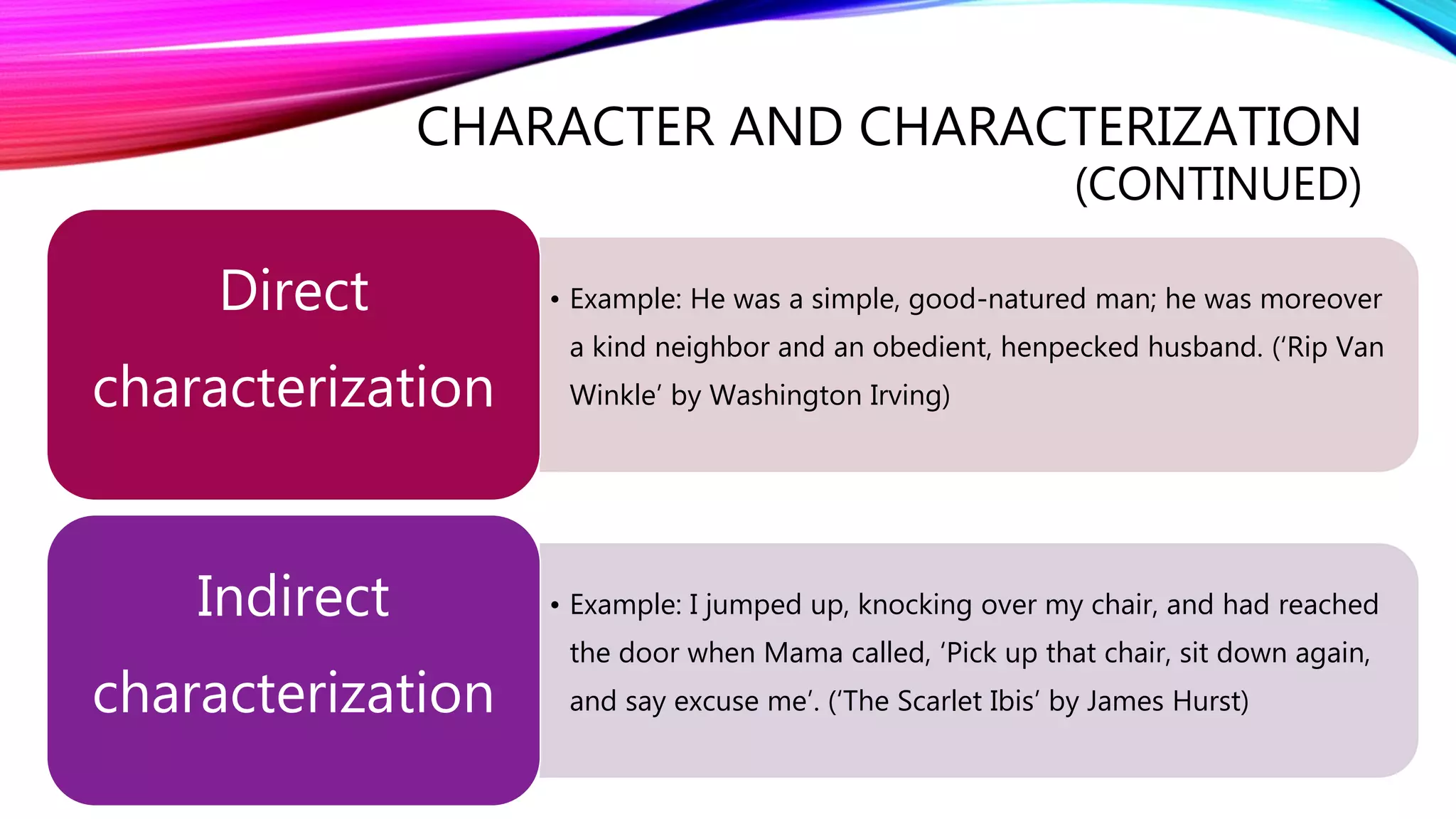 CHARACTER AND CHARACTERIZATION 
• Example: He was a simple, good-natured man; he was moreover 
a kind neighbor and an obedient, henpecked husband. (‘Rip Van 
Winkle’ by Washington Irving) 
Direct 
characterization 
• Example: I jumped up, knocking over my chair, and had reached 
the door when Mama called, ‘Pick up that chair, sit down again, 
and say excuse me’. (‘The Scarlet Ibis’ by James Hurst) 
Indirect 
characterization 
(CONTINUED) 
 