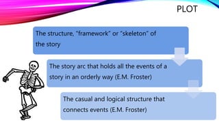 PLOT 
The structure, “framework” or “skeleton” of 
the story 
The story arc that holds all the events of a 
story in an orderly way (E.M. Froster) 
The casual and logical structure that 
connects events (E.M. Froster) 
 