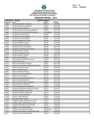 Página: 102
                                                                                   Emissão: 19/08/2010

                                              GOVERNO DO ESTADO DO PARÁ
                                           UNIVERSIDADE DO ESATDO DO PARA
                                        PROGRAD- PRÓ-REITORIA DE GRADUAÇÃO
                                      DAA- DIRETORIA DE ACESSO E AVALIAÇÃO

                                             ISENÇÃO PROSEL - 2011
 Municipio     Belém                           Isenção Integral
Protocolo   Nome                                        RG/CN         Dt.Nasc.
 06908      RAYANNE BANDEIRA CARNEIRO                   5680465       07/03/1992
05006       RAYNE NAZIAZENO GUIMARAES                   6400240       03/06/1992
01090       RAYSA DA COSTA SERRÃO                       6168946       30/05/1990
06774       RAYSA KAROLLEN DA SILVA NASCIMENTO          6340361       28/11/1990
02991       RAYSSA DA CONCEIÇÃO BRITO DE SOUZA          RG:63648996   08/12/1992
05535       RAYSSA DA GLORIA SODRE                      6423652       16/01/1993
04893       RAYSSA DE SOUSA PIEDADE                     4838746       24/12/1992
02385       RAYSSA DE SOUZA PEREIRA                     5447997       19/01/1995
02813       RAYSSA DOMINGUES TEIXEIRA                   4657052       16/03/1991
05637       RAYZA FERREIRA DA SILVA                     5497867       27/06/1991
01968       REGIANE AMARAL CHERMONT                     5068702       17/12/1984
00996       REGIANE LIMA DO NASCIMENTO                  3895322       22/01/1981
06948       REGIANE VASCONCELOS DE SOUSA                2467552       27/04/1974
03139       REGINA MARTINS CORRÊA                       5353188       15/12/1985
02299       REINALDO GOMES MOURÃO                       1841309       12/05/1969
00132       RENAN SOARES FERREIRA                       5680820       28/01/1992
02381       RENAN SOUZA BORGES                          5815408       08/06/1991
06132       RENATA BETANIA AMORIM DA SILVA              2450790       28/01/1974
06447       RENATA BRITO LEAL                           6522597       01/11/1991
00710       RENATA DE MACEDO CARDOSO                    5795537       06/01/1989
02701       RENATA DO SOCORRO ALMEIDA DOS SANTOS        3075333       07/04/1978
00819       RENATA LOBATO DE BRITO                      5903214       05/09/1990
03354       RENATA PINHEIRO DIAS                        3032282       11/11/1978
05686       RENATA RIBAS HENRIQUES                      5007271       18/05/1984
06118       RENATO DA CUNHA CARREIRA                    5844125       30/01/1989
01570       RENATO DA SILVA ASSIS                       5214741       09/05/1992
01064       RENATO DE ALMEIDA GONÇALVES                 5447126       04/07/1987
06922       RENATO MARQUES RIBEIRO                      3459369       28/01/1983
01035       RENATO WILTON VIEIRA CARNEIRO               5368881       01/01/1900
05568       RENILDA DA SILVA BARBOSA                    4257914       21/08/1960
04261       RHAYRA YASMIN LIMA GUERREIRO                6116294       25/10/1992
00991       RICARDO ALEXANDRE PINHEIRO DE SOUZA         2890115       02/12/1975
00519       RICARDO PEREIRA DOS SANTOS                  231048        19/11/1975
04358       RICHARD PINHEIRO RODRIGUES                  5901207       31/08/1990
06148       RICHELLY DUARTE QUEIROZ                     5908919       19/06/1990
01838       RICHELLY LIMA CARDOSO                       5329270       10/10/1988
01432       RIULDO BEZERRA LOBATO                       1577729       21/07/1968
03200       ROBERTA ALBINA CORDEIRO DA COSTA            6429471       22/03/1992
00123       ROBERTA KELLY RODRIGUES GALVÃO              6200430       22/09/1992
04282       ROBERTA MILHOMEM DE ALCANTARA               4864740       27/09/1988
04807       ROBERTHY SILVA DE ALMEIDA                   6159763       21/05/1990
03197       ROBERTO JOSÉ MACEDO GOMES                   78550831204   12/05/1992
01072       ROBSON ALEXANDRE DO NASCIMENTO MAR          4593243       07/08/1985
03741       ROBSON DE OLIVEIRA FERREIRA                 6944739       26/12/1990
 