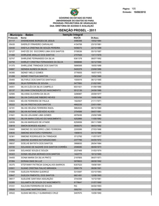 Página: 105
                                                                                    Emissão: 19/08/2010

                                                GOVERNO DO ESTADO DO PARÁ
                                             UNIVERSIDADE DO ESATDO DO PARA
                                          PROGRAD- PRÓ-REITORIA DE GRADUAÇÃO
                                        DAA- DIRETORIA DE ACESSO E AVALIAÇÃO

                                              ISENÇÃO PROSEL - 2011
 Municipio     Belém                             Isenção Integral
Protocolo   Nome                                          RG/CN        Dt.Nasc.
 01117      SHEINEANNE BORGES DE JESUS                    4466398      19/02/1984
05435       SHERLEY PINHEIRO CARVALHO                     4154706      23/10/1981
02430       SHEYLA CRISTINA DE SOUZA PEREIRA              5458272      22/12/1988
02127       SHEYZE DO SOCORRO LIMA DOS SANTOS             5708536      05/10/1987
01489       SHIRLENE ARAUJO DOS SANTOS                    2707629      13/11/1976
02747       SHIRLENE FERNANDES DA SILVA                   6361378      08/07/1992
02755       SHIRLEY CRISTINA FERNANDES DA SILVA           5998696      30/12/1990
01370       SHIRLLENE TRINDADE DOS SANTOS                 5686068      18/05/1988
04897       SIDNEIA NUNES DA SILVA                        5400379      23/09/1986
04395       SIDNEY MELO GOMES                             3778005      16/07/1975
01299       SIDNEY PANTOJA SANTOS                         5832347      19/02/1990
05465       SILFARLE DOS SANTOS SANTIAGO                  1000916      06/12/1990
02630       SILIA FERREIRA DE SOUSA                       5477800      21/02/1991
04051       SILVA CLÉA DA SILVA CAMPELO                   6031421      01/09/1986
00137       SILVANA CONCEIÇÃO DO NASCIMENTO               5512136      24/06/1986
02585       SILVANA OLIVEIRA DA SILVA                     3296987      20/09/1977
06004       SILVIA CAROLINE RIBEIRO NEVES                 4353154      19/06/1986
03824       SÍLVIA FERREIRA DE PAULA                      1922507      21/11/1971
05222       SILVIA FREITAS DOS SANTOS                     4682235      23/01/1991
02181       SILVIA HELENA FERREIRA RAIOL                  5862024      08/10/1990
05225       SILVIA KATIANE AZEVEDO ALVES                  3754588      09/07/1981
01641       SILVIA LEILANNE LIMA GOMES                    4978436      23/09/1986
02783       SILVIA MARA COELHO DO NASCIMENTO              4252866      11/05/1982
02839       SILVIA MARQUES DE ATAIDE                      6259006      09/11/1969
03818       SIMON BORGES AQUINO                           6808370      08/03/1992
05665       SIMONE DO SOCORRO LOBO FERREIRA               2200089      27/03/1966
03630       SIMONE MONTEIRO FERREIRA                      1565610      04/10/1966
02361       SIMONE RODRIGUES DA TRINDADE                  3712792      11/07/1977
05952       SIMONE SOARES NOTARGIÁCOMO                    2377766      04/05/1972
06837       SOELHE BATISTA DOS SANTOS                     3988830      26/04/1984
03720       SOLANGE DE NAZARÉ DOS SANTOS CORRÊA           2598085      06/09/1973
02658       SOLANGE SOUZA E SOUZA                         2537469      31/03/1974
00323       SONIA HELENA MORAES DOS SANTOS                1422775      18/12/1965
04405       SONIA MARIA DA SILVA PINTO                    2197805      06/07/1971
07264       SORAIA DIAS DA LUZ                            5978823      08/09/1992
05370       STEFANNY PATRICIA GONÇALVES BARROS            6357023      19/08/1991
03551       SUANE CRISTINA FIALHO MIRANDA                 5590179      08/08/1991
01899       SUELEN PEREIRA QUEIROZ                        5310087      03/10/1983
03647       SUELEN PIMENTEL DOS SANTOS                    6601491      12/08/1993
06917       SUELENE SANTANA ASSUNÇÃO                      3744359      14/10/1981
02265       SULAMITA DE SOUZA DO NASCIMENTO               6179641      31/07/1990
07231       SULIVAN FERREIRA DE SOUZA                     RG           04/04/1993
05928       SULLIANE MARTINS DIAS                         5682761      10/10/1989
05522       SUSAN MICHELLY GUIMARAES CRUZ                 5497670      10/06/1990
 