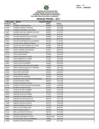 Página: 107
                                                                                      Emissão: 19/08/2010

                                              GOVERNO DO ESTADO DO PARÁ
                                           UNIVERSIDADE DO ESATDO DO PARA
                                        PROGRAD- PRÓ-REITORIA DE GRADUAÇÃO
                                      DAA- DIRETORIA DE ACESSO E AVALIAÇÃO

                                            ISENÇÃO PROSEL - 2011
 Municipio     Belém                             Isenção Integral
Protocolo   Nome                                         RG/CN           Dt.Nasc.
 07273      THAMIRES FARIAS BASTOS                       6579698         31/03/1992
01683       THAMIRES MIRANDA TRINDADE                     5816590        16/03/1990
01120       THAMIRES NASCIMENTO DA COSTA                  5589950        27/01/1990
04687       THAMIRES RAPHAELA RIBEIRO SANTANA             5369595        10/10/1991
00555       THAYANA DA SILVA LIMA                         5230600        02/07/1991
02342       THAYANE ANDREZA DA SILVA ÉLERES               6036858        24/09/1991
05374       THAYANNE DA SILVA BRITO                       5814521        02/10/1987
03923       THAYARA FRANCINNE DA SILVA PEREIRA            5877200        21/12/1991
01650       THAYSE KAROL SERRÃO PALMEIRA                  5447971        06/08/1985
04818       THAYSE WELLINGTA AMARAL DE SOUZA              6228666        18/09/1992
02911       THIAGO CARLOS ALVES DA COSTA                  4910385        02/06/1985
00087       THIAGO CARRERA CANTANEHDE                     5756911        28/05/1991
03415       THIAGO DE SOUZA RÊGO                          6272180        02/04/1992
02152       THIAGO DIAS SOARES                            6143883        21/06/1992
07085       THIAGO LUIS GARCIA LOBATO                     6269348        06/07/1991
07216       THIAGO MENEZES DO CARMO                       4012281        14/03/1984
03901       THIAGO MOURAO DA SILVA                        5717696        05/09/1990
03963       THIAGO PALHETA BARBOSA                        5408269        29/04/1992
00173       THIANE BRUNA DAS NEVES DEOLIVEIRA             5796383        17/08/1990
02390       THIENA VANESSA MESCOUTO FERREIRA              6398897        16/01/1993
03622       TIAGO ALVES MONTEIRO                          4085165        16/12/1993
05384       TIAGO PINTO MONTEIRO                          6040092        22/08/1991
01607       TUANI MORAES GOMES                            6220231        26/05/1989
03806       VAGNER BELEM FERREIRA                         5834836        12/05/1992
04269       VALDILENE COSTA DOS SANTOS GUIMARAES          4601735        28/11/1983
04087       VALEIRA BORGES GOMES                          6688974        18/07/1992
01801       VALERIA DE NAZARE DA SILVA                    5053804        11/10/1987
03036       VALERIA DE PAULA DOS SANTOS MOREIRA           6356014        15/03/1990
00726       VALMIR DOS SANTOS SILVA                       5442269        08/08/1986
04817       VALNILCE DE LIMA CHUMBER                      5342220        12/01/1987
06347       VANESSA DA SILVA GARCIA                       4567024        04/12/1985
02098       VANESSA DE SOUSA SOARES                       5123344        21/02/1988
02905       VANESSA DE SOUZA ALMEIDA                      6157506        12/08/1991
02197       VANESSA DOS ANJOS DA SILVA                    6687356        18/11/1990
04134       VANESSA HELLEN SARGES NEVES                   5757305        20/09/1989
01868       VANESSA LEÃO DOS SANTOS                       5879776        17/09/1990
06855       VANESSA MARSOLA DA SILVA                      5916353        31/10/1989
04527       VANIA CLAUDIA RAMOS LIMA                      3424339        26/08/1981
00973       VANIA DE ASSIS DA SILVA                       6357918        20/12/1988
01242       VERA LUCIA NONATO DA SILVA                    3667434        16/12/1982
01259       VERIDIANY NONATO DA SILVA                     3667442        24/03/1986
03884       VERÔNICA NASCIMENTO COSTA                     159292720000   13/03/1983
00906       VICTOR MÜLLER DE SOUZA MENDES                 5756580        15/03/1991
03480       VINGREN DE FARIAS FERREIRA                    1925697        27/11/1961
 