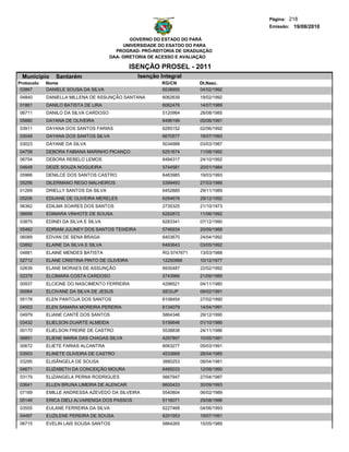 Página: 218
                                                                                    Emissão: 19/08/2010

                                              GOVERNO DO ESTADO DO PARÁ
                                           UNIVERSIDADE DO ESATDO DO PARA
                                        PROGRAD- PRÓ-REITORIA DE GRADUAÇÃO
                                      DAA- DIRETORIA DE ACESSO E AVALIAÇÃO

                                               ISENÇÃO PROSEL - 2011
 Municipio      Santarém                         Isenção Integral
Protocolo   Nome                                         RG/CN         Dt.Nasc.
 03867      DANIELE SOUSA DA SILVA                       6538955       04/02/1992
04840       DANIELLA MILLENA DE ASSUNÇÃO SANTANA          6062639      19/02/1992
01861       DANILO BATISTA DE LIRA                        6062476      14/07/1989
06711       DANILO DA SILVA CARDOSO                       5120964      28/08/1985
05880       DAYANA DE OLIVEIRA                            6496199      05/06/1991
03911       DAYANA DOS SANTOS FARIAS                      6285152      02/06/1992
03049       DAYANA DOS SANTOS SILVA                       6670577      19/07/1993
03023       DAYANE DA SILVA                               5034988      03/03/1987
04758       DEBORA FABIANA MARINHO PICANÇO                6251674      11/08/1992
06754       DEBORA REBELO LEMOS                           6484317      24/10/1992
04648       DEIZE SOUZA NOGUEIRA                          5744581      20/01/1984
05966       DENILCE DOS SANTOS CASTRO                     6483985      19/03/1993
05256       DILERMANO REGO MALHEIROS                      5399493      27/03/1986
01269       DRIELLY SANTOS DA SILVA                       6452885      29/11/1989
05206       EDIJANE DE OLIVEIRA MERELES                   6284678      29/12/1992
06362       EDILMA SOARES DOS SANTOS                      2735325      21/10/1973
06699       EDIMARA VINHOTE DE SOUSA                      6282872      11/06/1992
03875       EDINEI DA SILVA E SILVA                       6283341      07/12/1990
05462       EDRIAM JULINEY DOS SANTOS TEIXEIRA            5746934      20/09/1988
06089       EDVAN DE SENA BRAGA                           6403670      24/04/1992
03892       ELAINE DA SILVA E SILVA                       6483643      03/05/1992
04881       ELAINE MENDES BATISTA                         RG:5747671   13/03/1988
02712       ELANE CRISTINA PINTO DE OLIVEIRA              12250988     10/12/1977
02639       ELANE MORAES DE ASSUNÇÃO                      6930487      22/02/1992
02379       ELCIMARA COSTA CARDOSO                        5743966      21/09/1989
00937       ELCIONE DO NASCIMENTO FERREIRA                4298521      04/11/1980
00064       ELCIVANE DA SILVA DE JESUS                    SEGUP        09/02/1991
05178       ELEN PANTOJA DOS SANTOS                       6108454      27/02/1990
04503       ELEN SAMARA MOREIRA PEREIRA                   6134079      14/04/1991
04979       ELIANE CANTÉ DOS SANTOS                       5864346      29/12/1990
03432       ELIELSON DUARTE ALMEIDA                       5156646      01/10/1986
00170       ELIELSON FREIRE DE CASTRO                     5538838      24/11/1986
06851       ELIENE MARIA DAS CHAGAS SILVA                 4297897      10/05/1981
00672       ELIETE FARIAS ALCANTRA                        6063277      05/03/1991
03503       ELINETE OLIVEIRA DE CASTRO                    4533669      28/04/1985
03295       ELISÂNGELA DE SOUSA                           3880253      08/04/1981
04671       ELIZABETH DA CONCEIÇÃO MOURA                  6485033      12/08/1990
03179       ELIZANGELA PERNA RODRIGUES                    5667947      27/04/1987
03641       ELLEN BRUNA LIMEIRA DE ALENCAR                6600433      30/09/1993
07169       EMILLE ANDRESSA AZEVEDO DA SILVEIRA           5540804      06/02/1989
05146       ERICA DIELI ALVARENGA DOS PASSOS              5116071      29/08/1986
03555       EULANE FERREIRA DA SILVA                      6227468      04/06/1993
04497       EUZILENE PEREIRA DE SOUSA                     6201953      19/07/1991
06715       EVELIN LAIS SOUSA SANTOS                      5864265      15/05/1989
 