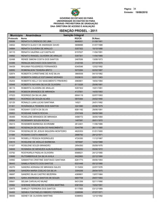 Página: 34
                                                                                 Emissão: 19/08/2010

                                             GOVERNO DO ESTADO DO PARÁ
                                          UNIVERSIDADE DO ESATDO DO PARA
                                       PROGRAD- PRÓ-REITORIA DE GRADUAÇÃO
                                     DAA- DIRETORIA DE ACESSO E AVALIAÇÃO

                                             ISENÇÃO PROSEL - 2011
 Municipio     Ananindeua                        Isenção Integral
Protocolo   Nome                                         RG/CN      Dt.Nasc.
 05936      RENATA FLORENCIO DE LIMA                     6646551    01/08/1991
04832       RENATA GLEICY DE ANDRADE DAVID                5698896   01/07/1988
04894       RENATA OLIVEIRA DE ARAUJO                     5357302   15/10/1986
04115       RENATA VALÉRIA LUZ CASTILHO                   6157027   11/04/1991
04892       RENATO RANGEL OLIVEIRA DE ARAUJO              5357301   11/04/1989
02498       RENEE SIMONI COSTA DOS SANTOS                 2487836   13/08/1973
03399       RENILDA MACHADO DOS SANTOS                    3140165   07/10/1975
04439       RHUANA FIGUEIREDO FERNANDES                   6340546   12/02/1992
02650       ROBENILSON TEIXEIRA BRITO                     5072284   02/02/1987
02874       ROBERTA CHRISTIANE DE AVIZ SILVA              3860939   04/10/1982
04265       ROBERTA GISELLE ESTUMANO MORAES               5320610   02/01/1983
05204       ROBERTA KELLY DO NASCIMENTO PINHEIRO          4960801   18/04/1984
00948       ROBERTA NAYARA SILVA DE OLIVEIRA              6113326   25/06/1991
06115       ROBERTA OLIVEIRA DE ARAUJO                    5357303   15/01/1991
05430       ROBSON BRANDES DE MIRANDA                     4137951   14/05/1983
07023       RODRIGO DA SILVA LIMA                         6904119   02/07/1993
06833       RODRIGO DE SOUZA ALVES                        5870384   24/02/1990
02125       RONALD LUAN LUCAS SANTANA                     14521     24/01/1992
01301       ROSÂNGELA TEIXEIRA DOS SANTOS                 3241680   20/06/1979
03565       ROSANY COSTA DA SILVA                         6081182   29/06/1991
05953       ROSEANE RAMOS ROCHA                           3747406   09/09/1980
06489       ROSELENE BRANDES DE MIRANDA                   4488772   30/05/1984
00924       ROSEMARY SOUZA ROCHA                          1497081   28/01/1970
05413       ROSEMERI BARBOSA SCHRAMM                      2612401   11/06/1966
06825       ROSENILDA DE SOUSA DO NASCIMENTO              5240796   26/11/1985
07244       ROSENILDE DE JESUS SIQUEIRA MONTEIRO          4620353   01/01/1900
01584       ROSIANI COSTA AMADOR                          2686792   29/12/1971
03105       ROSIELLY PESSOA RODRIGUES                     4724350   11/12/1987
03515       ROSILENE DE ARAUJO BARBOSA                    1870087   14/02/1968
01527       ROSILENE SOUZA BRANDÃO                        2954393   05/09/1976
04849       ROSINEIA DE MENEZES ALBUQUERQUE               2209293   05/06/1972
03792       ROSYKARLA PADILHA OLIVEIRA                    6588021   24/12/1990
03689       RUTEMBERGUE DA SILVA AVILA                    6422983   22/12/1990
04992       SAMANTHA CRISTINE SANTIAGO SANTANA            6261773   09/06/1993
06443       SAMILA PEIXOTO DOS SANTOS                     6331448   05/12/1990
00270       SANDRA ADRIANA DE MIRANDA SALES               3115454   22/07/1976
02938       SANDRA MARIA COELHO DA SILVA                  3304206   28/04/1975
06697       SANDRO SILAS CASTRO BEZERRA                   4369901   13/07/1984
06974       SARA ANDRESSA SANTOS DE SOUZA                 6857708   29/07/1993
00641       SELMA CARVALHO MUNIZ                          6431206   02/11/1990
05984       SHEINNE SIDILENE DE OLIVEIRA MARTINS          6361054   15/02/1991
03475       SHIRLEY FERREIRA DOS SANTOS                   6117950   03/12/1989
04400       SIDNEA FONTINELES RIBEIRO FERREIRA            2288596   07/07/1971
06000       SIDNEY DE OLIVEIRA MARTINS                    6398953   12/10/1992
 