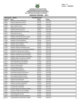 Página: 42
                                                                                   Emissão: 19/08/2010

                                              GOVERNO DO ESTADO DO PARÁ
                                           UNIVERSIDADE DO ESATDO DO PARA
                                        PROGRAD- PRÓ-REITORIA DE GRADUAÇÃO
                                      DAA- DIRETORIA DE ACESSO E AVALIAÇÃO

                                              ISENÇÃO PROSEL - 2011
 Municipio     Belém                              Isenção Parcial
Protocolo   Nome                                         RG/CN        Dt.Nasc.
 06975      ABRAHÃO LOPES FERNANDES                      1854504      03/03/1960
05835       ADAILZA PAMPLONA DA SILVA                     6361720     24/07/1991
05902       ADALTON PAMPLONA DA SILVA                     6436552     24/07/1992
02960       ADAN CORREA COSTA                             5791797     14/08/1988
04306       ADENILSON COUTO MALATO                        380688215   07/06/1987
05221       ADILEIDE PONTES DA MATA                       2309013     23/01/1968
02511       ADRIA CRISTINA SANTOS DA COSTA                5554382     15/05/1991
06633       ÁDRIA MARTINS SILVA                           5524122     12/12/1991
05712       ADRIANA ALVES BANDEIRA                        5978166     11/07/1992
04657       ADRIANA CRISTINA MACHADO GOMES                6035768     20/04/1991
06571       ADRIANA DAS MERCES MONTEIRO                   6272877     25/12/1990
01666       ADRIANA DE SOUSA MIRANDA                      4079526     21/05/1981
04668       ADRIANA OLINDA PIMENTEL MAIA                  2393936     30/05/1974
02659       ADRIANA PINTO PINHEIRO                        4846789     18/06/1985
06099       ADRIANA RIBEIRO BARREIRO                      4307212     15/02/1987
04128       ADRIANE CRISTINA FERNANDES REIS               5959344     22/02/1989
05253       ADRIANE CRISTINE DA CONCEICAO FERREIRA        5974079     05/01/1989
05416       ADRIANNE CAROLINE MELO XERFAN                 5796130     05/01/1992
05424       ADRIANO CONCEIÇAÕ DO NASCIMENTO               6395126     03/04/1993
05946       ADRIELLE CRISTINA DA SILVA OLIVEIRA           5922140     05/12/1990
03148       ADRIELLE CRISTINA PAIXÂO DOS SANTOS           5101657     07/08/1990
05215       ADRIENE MARIA OLIVEIRA DO ROSÁRIO             6178772     27/05/1993
01777       ADRIENNE SANTOS DOS SANTOS                    6715011     11/03/1992
02221       AFRA FERNANDA SOUZA MERCÊS                    3191054     25/06/1976
00939       AGARA HELGA CAMPOS SANTOS                     4670886     02/06/1992
06890       AGEU DE JESUS SERRA                           4307072     01/03/1983
01154       ALAIN MORAIS CHAGAS                           6339046     09/10/1991
02394       ALAN BELTRÃO BARBOSA                          6235512     12/01/1992
00500       ALAN BRUNO SALIMOS SILVA                      5456220     19/02/1987
04925       ALAN DIEGO SANTOS DOS SANTOS                  6201125     03/10/1990
02917       ALAN JUNIOR NEGRÃO BARRETO                    6575906     20/04/1988
00067       ALAN RAMON PINHEIRO GARCIA                    6036687     27/08/1991
05768       ALANA CRISTINA BRITO DE SOUZA                 5972496     15/10/1992
01757       ALANNA CRUZ GREGÓRIO                          4764295     16/04/1988
04528       ALBERT ALAN DE SOUSA CORDEIRO                 4962407     06/09/1985
05391       ALBERTO OLIVEIRA GUIMARAES                    5319108     20/06/1987
05501       ALCILENE PINTO PINHEIRO                       3848794     09/11/1981
05632       ALCIONE PINTO PINHEIRO                        3067982     08/07/1979
04725       ALDAIR CHARLES DE ALMEIDA CORRÊA              5853208     14/11/1991
05987       ALDECIR JÚNIOR DA SILVA PEREIRA               3529065     21/05/1980
00656       ALDENORA GONÇALVES MONTEIRO                   4139076     29/09/1985
03448       ÁLEFE BRANDÃO DE LIMA                         6711977     22/05/1993
06323       ALENA GABRIELE DE SOUZA PEREIRA               6362276     10/08/1991
05513       ALESSANDRA DE NAZARÉ REIS FREIRE              6116250     23/09/1992
 