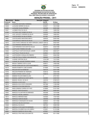 Página: 95
                                                                                 Emissão: 19/08/2010

                                             GOVERNO DO ESTADO DO PARÁ
                                          UNIVERSIDADE DO ESATDO DO PARA
                                       PROGRAD- PRÓ-REITORIA DE GRADUAÇÃO
                                     DAA- DIRETORIA DE ACESSO E AVALIAÇÃO

                                             ISENÇÃO PROSEL - 2011
 Municipio     Belém                           Isenção Integral
Protocolo   Nome                                        RG/CN       Dt.Nasc.
 03678      LUCILENE MONTEIRO FERREIRA                  5015342     22/10/1985
02439       LUCILENE SERRÃO DA SILVA                    5318371     10/12/1989
02359       LUCILENE SOUSA PEREIRA                      4624088     02/04/1985
02427       LUCIMAR CRUZ DA SILVA                       2412691     16/08/1950
01549       LUCYANA LANY GOMES DA SILVA                 5402602     10/04/1986
01110       LUIS AUGUSTO MORAES DA SILVA                5305209     19/06/1961
06403       LUIS EDUARDO DA SILVA PEDRA                 5513261     21/02/1990
04862       LUIS EDUARDO MONTEIRO BRITO                 4284530     20/04/1982
05446       LUIS MARCELO SANTOS DA SILVA                3658109     29/09/1983
02073       LUIS OTAVIO CARDOSO DE SANTA BRIGIDA JUNIOR 4206122     04/02/1987
01498       LUIZ ARMANDO MENDES MALATO                  6321317     16/11/1992
02493       LUIZ FERNANDO DOS SANTOS SOUZA              5034574     04/02/1988
01730       LUIZ FLAVIO FONSECA DE LIMA                 2837753     13/12/1977
06346       LUIZ PAULO COSTA DE SOUZA JUNIOR            2407284     29/03/1977
02449       LUIZ PAULO TELES DA SILVA                   6228843     09/10/1992
01358       LUIZ ROGERIO GONÇALVES RIBEIRO              5530351     30/04/1990
02995       LUMA DE PAULA FARIAS VASCONCELOS            5686260     14/12/1988
02556       LUZIANE CRISTINA SILVA                      41641096    13/12/1983
03275       LUZIANE DE NAZARÉ PEREIRA FARIAS            5602234     28/01/1992
02271       MAGDA TAMARA COSTA LUCAS                    6356517     14/09/1990
01888       MAGNO EDNILSON DA COSTA NASCIMENTO          3536451     21/12/1977
00319       MAIARA ROBERTA LOBO SOARES                  6178366     11/11/1990
00289       MAILSON MATOS BARBOSA                       5564720     02/07/1988
03736       MAILSON PEREIRA DE ANDRADE                  6338122     30/05/1989
02268       MAIRA SYNARA COSTA LUCAS                    6356518     29/09/1989
00359       MAMEDE WILSON SIMAS ALVES                   0           27/01/1991
05235       MANOEL CAMPOS DA COSTA NETO                 6422850     22/05/1993
02170       MANOEL SOUSA DA SILVA                       2340163     07/09/1975
00636       MANUELLA AVIZ LEAO                          5655111     24/03/1989
06519       MANUELLA DA COSTA CRAVEIRO                  5877908     11/05/1989
01870       MANUELLE DOLZANE BENTES                     4329589     25/06/1985
02682       MARA SAMARA CORREA DO VALE                  6159080     01/01/1900
02094       MARCEL COSTA DA SILVA                       5860712     22/04/1991
02942       MARCELA ALCANTARA DE MIRANDA                5633296     13/10/1986
02620       MARCELA MACIEL SARAIVA                      4743075     15/11/1985
03614       MARCELA MIRANDA MAIA                        4344280     17/07/1983
05259       MARCELE KZAN DA SILNA                       4360466     15/01/1980
05980       MARCÉLIA CONCEIÇÃO DE SOUSA                 6200639     10/11/1990
05753       MARCELIS BELÉM SANTIAGO                     5288927     18/03/1992
05348       MARCELLE DA SILVA                           5847244     30/08/1989
03161       MARCELLE DOS SANTOS MARQUES                 4684772     28/02/1993
00607       MARCELLO KLEBER SILVA DE ABREU              4723931     01/10/1986
02800       MARCELO BANKS DA SILVA LIMA                 4079651     10/10/1983
01268       MARCELO PROTASIO DOS SANTOS                 4665636     02/11/1982
 