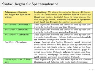 Syntax: Regeln f¨ur Spaltenumbr¨uche
Aufgespannte Elemente
und Regeln f¨ur Spaltenum-
br¨uche.
Beschreibung: Mit diesen Eigenschaften k¨onnen z.B Elemen-
te wie z.B ¨Uberschriften ¨uber mehrere Spalten automatisch
¨uberstreckt werden. Zus¨atzlich kann f¨ur jedes einzelne Ele-
ment festgelegt werden, in welcher Situation ein Spaltenum-
bruch durch den Browser durchgef¨uhrt werden soll.
break-before: <Verhalten> Diese Eigenschaft deﬁniert das Verhalten eines Spalten Um-
bruchs durch den Browser, vor dem Element.
break-after: <Verhalten> Diese Eigenschaft deﬁniert das Verhalten eines Spalten Um-
bruchs durch den Browser, nach dem Element.
break-inside: <Verhalten> Diese Eigenschaft deﬁniert das Verhalten eines Spalten Um-
bruchs durch den Browser, falls der Spaltenumbruch innerhalb
des Elements durchgef¨uhrt werden m¨usste.
Der Wert: <Verhalten> always: Erzwingt den Spalten Umbruch, avoid: Vermeidet
einen Spalten Umbruch, left: Setzt so viele Spaltenumbr¨uche
bis eine linke freie Spalte entsteht, right: Setzt so viele Spal-
tenumbr¨uche bis eine rechte freie Spalte entsteht, page: Er-
zwingt einen Seiten Umbruch, column: Erzwingt einen Spal-
ten Umbruch, avoid-page: Vermeidet einen Seiten Umbruch,
avoid-column: Vermeidet einen Spalten Umbruch.
column-span: <all / inte-
ger>
Diese Eigenschaft gibt an, wie viele Spalten das Element
¨uberspannen soll, falls dies nicht in die Spalte hineinpasst.
26 / 29
 