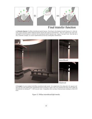 +                                                =
PSfrag replacements
                                                                                          Final transfer function
                      (a) Schematic diagram of a diffuse interreﬂected transfer function. The left part is the shadowed transfer function of x, while the
                      center image represents another shadowed transfer function that sends out interreﬂections. These are scaled by the cosine term
                      and added to the left function to yield the ﬁnal interreﬂected transfer function (cmp. ﬁgures 11(a) and 11(c)). Note that this is
                      only a schematic example. In a correct implementation all red rays would gather interreﬂections.




                                                                                                                 Interreflected




                                                                                                                 Shadowed

                      (b) Example of a scene rendered with diffuse interreﬂected light transfer. An in depth look at the ceiling above the opposite wall
                      and at the top of the pedestal show interreﬂections that are missing in ﬁgure 11(d). Five iterations have been used to gather the
                      interreﬂections by shooting 45 2 = 2025 rays per vertex. Computation time was about 4 hours per pass resulting in a total of 20
                      hours.


                                                         Figure 12: Diffuse interreﬂected light transfer.




                                                                                    22
 