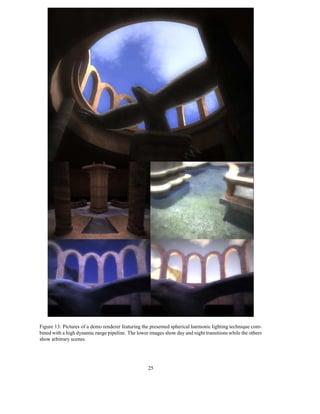 Figure 13: Pictures of a demo renderer featuring the presented spherical harmonic lighting technique com-
bined with a high dynamic range pipeline. The lower images show day and night transitions while the others
show arbitrary scenes.




                                                   25
 