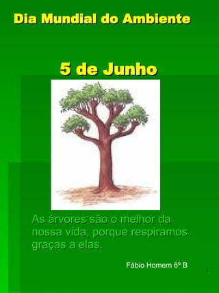 Dia Mundial do Ambiente   5 de Junho As árvores são o melhor da nossa vida, porque respiramos graças a elas. Fábio Homem 6º B 