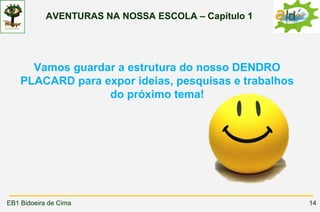 AVENTURAS NA NOSSA ESCOLA – Capítulo 1




      Vamos guardar a estrutura do nosso DENDRO
    PLACARD para expor ideias, pesquisas e trabalhos
                  do próximo tema!




EB1 Bidoeira de Cima                                   14
 