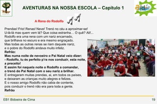 AVENTURAS NA NOSSA ESCOLA – Capítulo 1

                    A Rena do Rodolfo

Prendas! Frio! Renas! Neve! Trenó no céu a aproximar-se!
U-lá-lá mas quem vem lá? Que coisa estranha… O quê? Ali!...
Rodolfo era uma rena com um nariz encarnado,
que brilhava no escuro e era mesmo engraçado.
Mas todas as outras renas se riam daquele nariz,
e o pobre do Rodolfo andava muito infeliz.
Refrão:
Mas numa noite de nevoeiro o Pai Natal veio dizer:
- Rodolfo, tu és perfeito p’ra nos conduzir, esta noite,
a preceito!
E assim foi naquela noite o Rodolfo a comandar,
o trenó do Pai Natal com o seu nariz a brilhar.
E entregaram muitas prendas, ai, em todos os países,
e deixaram as crianças muito alegres e felizes.
E o nosso amigo Rodolfo não cabia de contente,
pois conduzir o trenó não era para toda a gente.
Refrão

EB1 Bidoeira de Cima                                          19
 