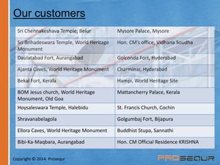 Our customers 
Sri Chennakeshava Temple, Belur Mysore Palace, Mysore 
Sri Brihadeswara Temple, World Heritage 
Monument 
Hon. CM’s office, Vidhana Soudha 
Daulatabad Fort, Aurangabad Golconda Fort, Hyderabad 
Ajanta Caves, World Heritage Monument Charminar, Hyderabad 
Bekal Fort, Kerala Hampi, World Heritage Site 
BOM Jesus church, World Heritage 
Monument, Old Goa 
Mattancherry Palace, Kerala 
Hoysaleswara Temple, Halebidu St. Francis Church, Cochin 
Shravanabelagola Golgumbaj Fort, Bijapura 
Ellora Caves,World Heritage Monument Buddhist Stupa, Sannathi 
Bibi-Ka-Maqbara, Aurangabad Hon. CM Official Residence KRISHNA 
Copyright © 2014. Prosequr 
 