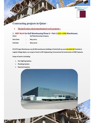  
 
 
Contra
i. M
1‐ MEP W
Client 
Start Date 
End Date 
 
FC & FD typ
Logistic Vil
Scope of w
 Fire
 Plu
 Ele
 
acting p
echaTron
Work for 
: 
: 
: 
pe Warehou
lage Qatar, o
work is includ
e Fighting Sy
umbing Syste
ectrical Syste
projects
nics electr
Gulf Ware
Gulf War
May 20
May 20
uses are (G+M
our scope of
ding: 
ystem. 
em. 
ems. 
s in Qat
romechan
ehousing 
rehousing Co
11 
12 
M) warehou
f work is EPC
tar :
nical work
Phase II –
ompany 
ses buildings
C Engineering
k projects
– Part 1 (3 
s of total bu
g, Procurem
s :
FC + 2 FD) 
ilt up area 2
ment & Const
Warehou
22,000 m2
truction of M
ses. 
2 located at 
MEP Systemss.  
 