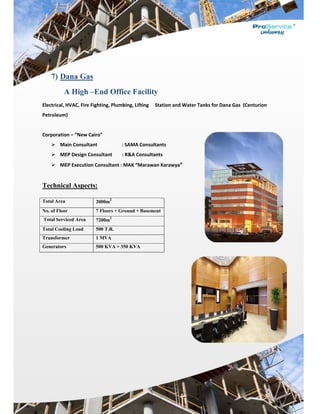  
7) Da
A
Electrical, H
Petroleum)
 
Corporatio
 Ma
 ME
 ME
Technica
Total Area
No. of Floor
Total Servi
Total Coolin
Transforme
Generators
 
 
 
 
 
 
 
 
ana Gas
A High –
HVAC, Fire F
)      
n – “New Ca
ain Consultan
EP Design Co
EP Execution
al Aspect
r
iced Area
ng Load
er
–End Off
ighting, Plum
airo”  
nt                   
onsultant      
n Consultant 
s:
2000m2
7 Floors + G
7200m2
500 T.R.
1 MVA
500 KVA +
ffice Faci
mbing, Liftin
 : SAMA Con
  : R&A Cons
: MAK “Mar
Ground + Ba
+ 350 KVA
ility
ng     Station 
nsultants 
sultants 
rawan Karaw
asement
and Water T
wya” 
Tanks for Dana Gas  (Cennturion 
 
 
 