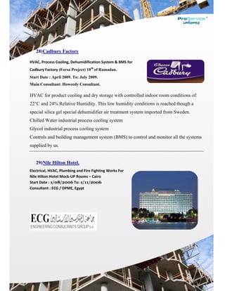  
28)Ca
HVAC, Pro
Cadbury F
Start Date
Main Con
HVAC fo
22°C and
special si
Chilled W
Glycol in
Controls
supplied
29)Ni
Electrical, 
Nile Hilton
Start Date
Consultan
 
adbury F
ocess Coolin
Factory (For
e : April 20
nsultant: H
for product
d 24% Rel
ilica gel sp
Water indu
ndustrial p
and build
by us.
ile Hilton
HVAC, Plum
n Hotel Mo
e : 1/08/20
nt : ECG / DP
Factory
ng, Dehumi
rsa Project
009. To: Ju
Howeedy Co
t cooling a
lative Hum
pecial deh
ustrial pro
process co
ding manag
n Hotel.
mbing and 
ck‐UP Room
006 To: 1/
PME, Egypt
dification S
t) 10th
of Ra
uly 2009.
onsultant.
and dry st
midity. Th
humidifier
ocess cooli
oling syst
gement sy
Fire Fightin
ms – Cairo
/11/2006
t 
System & B
amadan.
orage with
his low hum
r air treatm
ing system
tem
ystem (BM
ng Works Fo
MS for 
h controlle
midity con
ment system
m
MS) to con
or 
ed indoor
nditions is
m importe
ntrol and m
room con
s reached t
ed from Sw
monitor all
nditions of
though a
weden.
l the syste
f:
ems
 