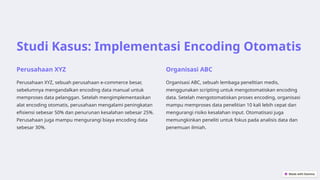 Studi Kasus: Implementasi Encoding Otomatis
Perusahaan XYZ
Perusahaan XYZ, sebuah perusahaan e-commerce besar,
sebelumnya mengandalkan encoding data manual untuk
memproses data pelanggan. Setelah mengimplementasikan
alat encoding otomatis, perusahaan mengalami peningkatan
efisiensi sebesar 50% dan penurunan kesalahan sebesar 25%.
Perusahaan juga mampu mengurangi biaya encoding data
sebesar 30%.
Organisasi ABC
Organisasi ABC, sebuah lembaga penelitian medis,
menggunakan scripting untuk mengotomatiskan encoding
data. Setelah mengotomatiskan proses encoding, organisasi
mampu memproses data penelitian 10 kali lebih cepat dan
mengurangi risiko kesalahan input. Otomatisasi juga
memungkinkan peneliti untuk fokus pada analisis data dan
penemuan ilmiah.
 
