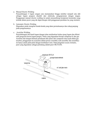 a. Manual Electric Welding
Penyambungan 2 logam sengan cara memanaskan hingga melebur menjadi satu dab
sebagai logam pengisis diambil dari elektroda, pengoperasian dengan tangan.
Penggunaan manual electric welding ini untuk menyambung komponen konstruksi yang
terletak dalam posisi yang tak dapat dicapai oleh penggunaan peralatan las yang otomatis.
b. Automatic Electric Welding
Digunakan untuk mengelas benda-benda yang datar permukaannya dan cukup panjang
jarak pengelasannya.
c. Acetyline Welding
Penyambungan dua buah logam dengan jalan meleburkan kedua ujung logam dan diikuti
oleh pengisian kawat logam pengisi. Panas yang digunakan berupa campuran 02 dan gas
Acetiline dan dengan bantuan penekanan dan panas dari campuran atau nyala didua gas
tersebut, penggunaan las acetylene dalam proses assembly (sub assembly dan assembly)
ini hanya untuk pelat-pelat dengan ketebalan 6 mm. Pada pengelasn secara otomatis,
pasir yang digunakan sebagai pelindung adalah pasir OK FLOX.
 