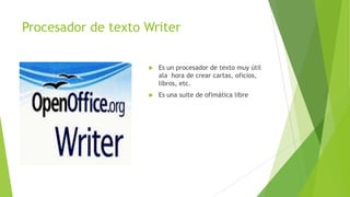 Procesador de texto Writer


Es un procesador de texto muy útil
ala hora de crear cartas, oficios,
libros, etc.



Es una suite de ofimática libre

 