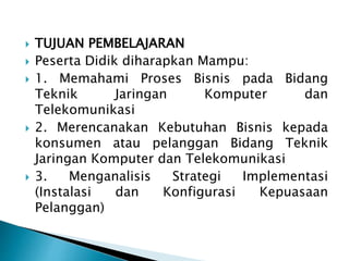  TUJUAN PEMBELAJARAN
 Peserta Didik diharapkan Mampu:
 1. Memahami Proses Bisnis pada Bidang
Teknik Jaringan Komputer dan
Telekomunikasi
 2. Merencanakan Kebutuhan Bisnis kepada
konsumen atau pelanggan Bidang Teknik
Jaringan Komputer dan Telekomunikasi
 3. Menganalisis Strategi Implementasi
(Instalasi dan Konfigurasi Kepuasaan
Pelanggan)
 