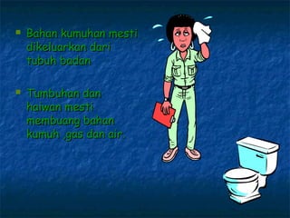    Bahan kumuhan mesti
    dikeluarkan dari
    tubuh badan

   Tumbuhan dan
    haiwan mesti
    membuang bahan
    kumuh ,gas dan air.
 