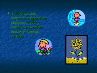    Tumbuhan dan
    haiwan menggunakan
    oksigen di udara
    untuk menukarkan
    makanan kepada
    tenaga.
 